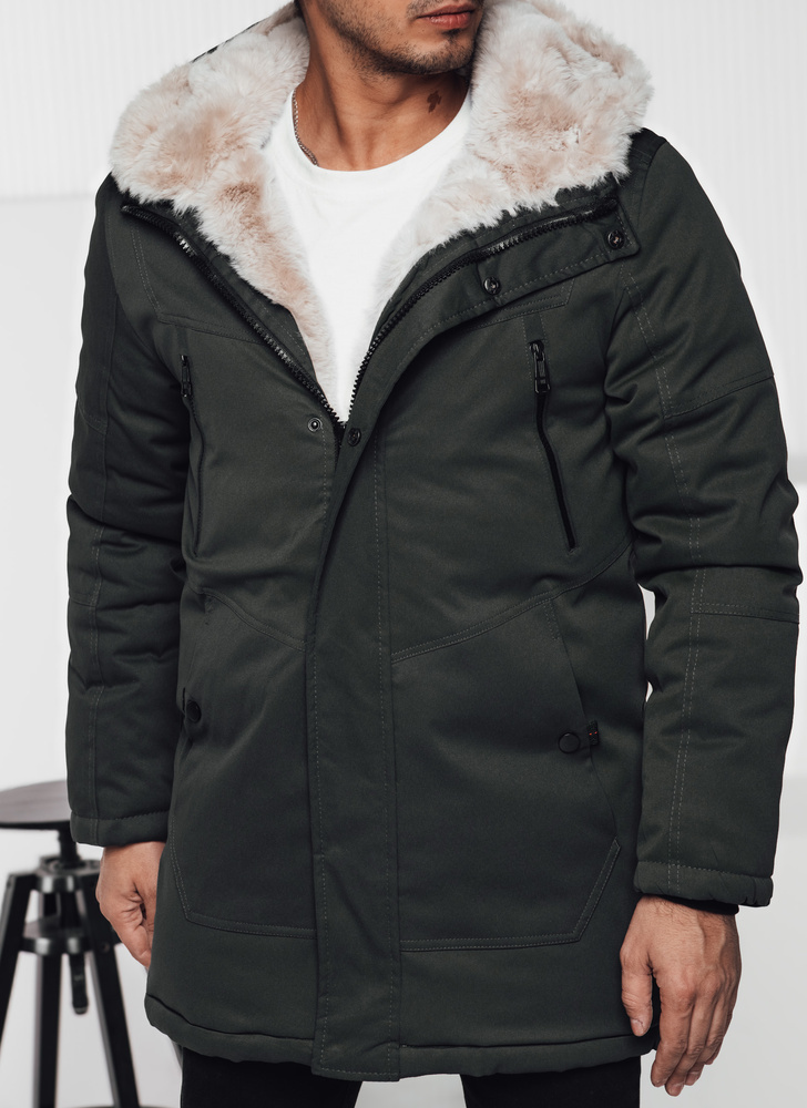 Tmavozelená pánska zimná parka s kapucňou a kožúškom TX4966 Veľkosť: M/48