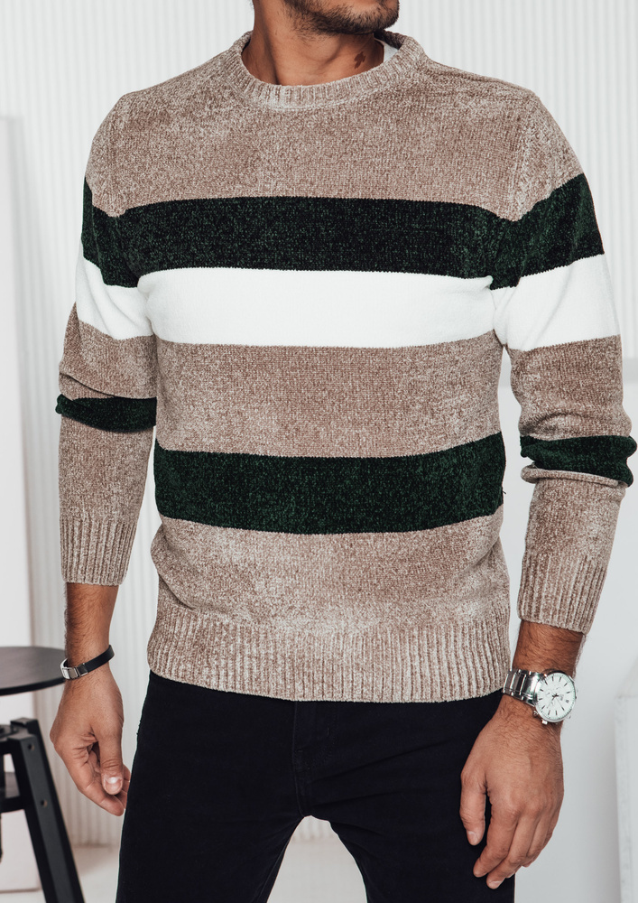Béžový teplý pánsky sveter s módnymi pruhmi WX2242 Veľkosť: 2XL