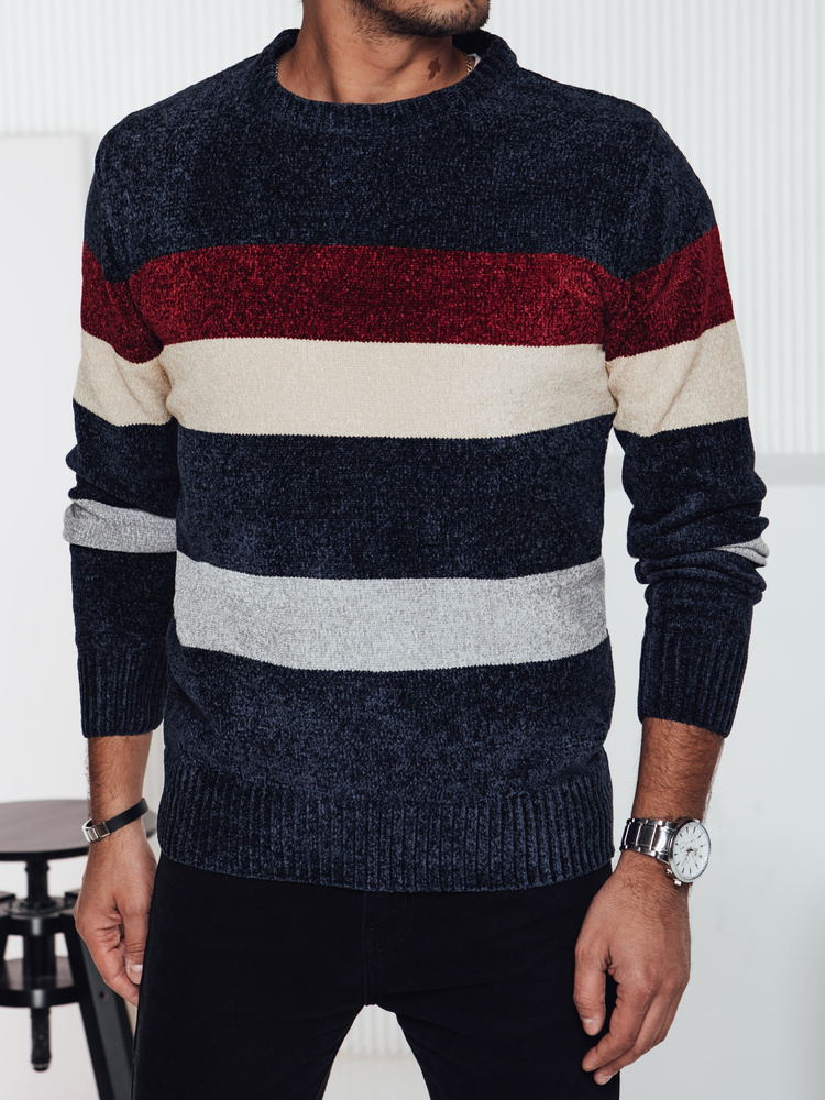 Tmavomodrý teplý pánsky sveter s módnymi pruhmi WX2240 Veľkosť: 2XL