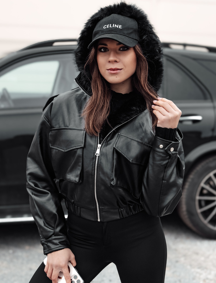 Čierna dámska zateplená koženková crop bunda SOFTREBEL TY4762 Veľkosť: M/L