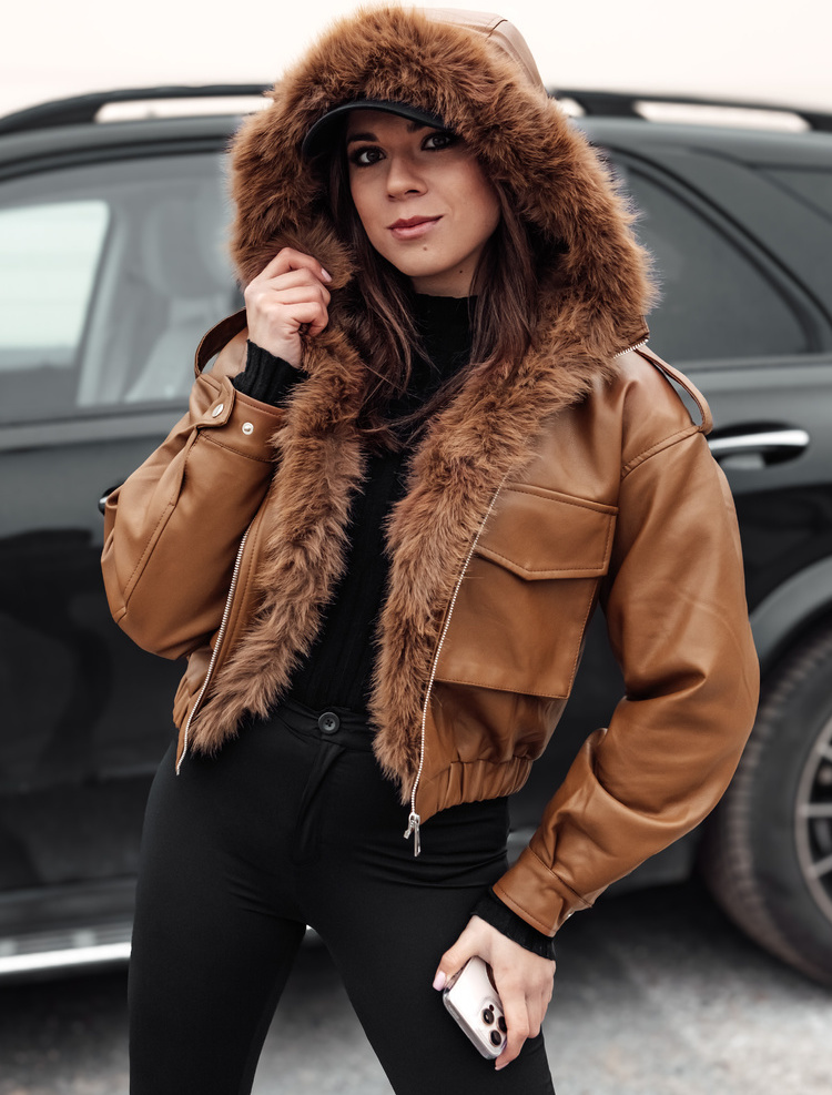 Hnedá dámska zateplená koženková crop bunda SOFTREBEL TY4761 Veľkosť: M/L