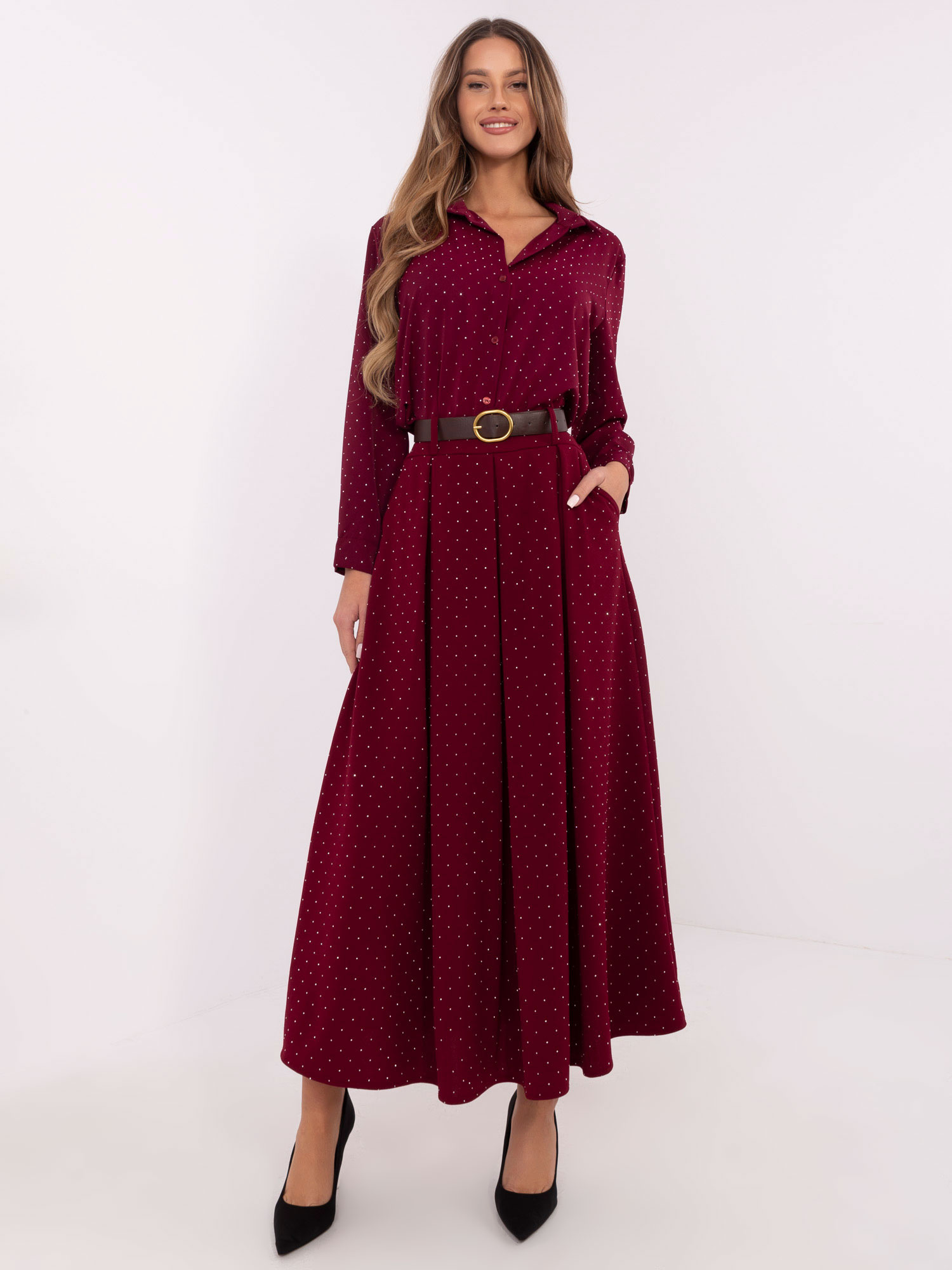 Vínová dámska maxi sukňa s opaskom DHJ-SD-19720-1.32-bordo Veľkosť: ONE SIZE
