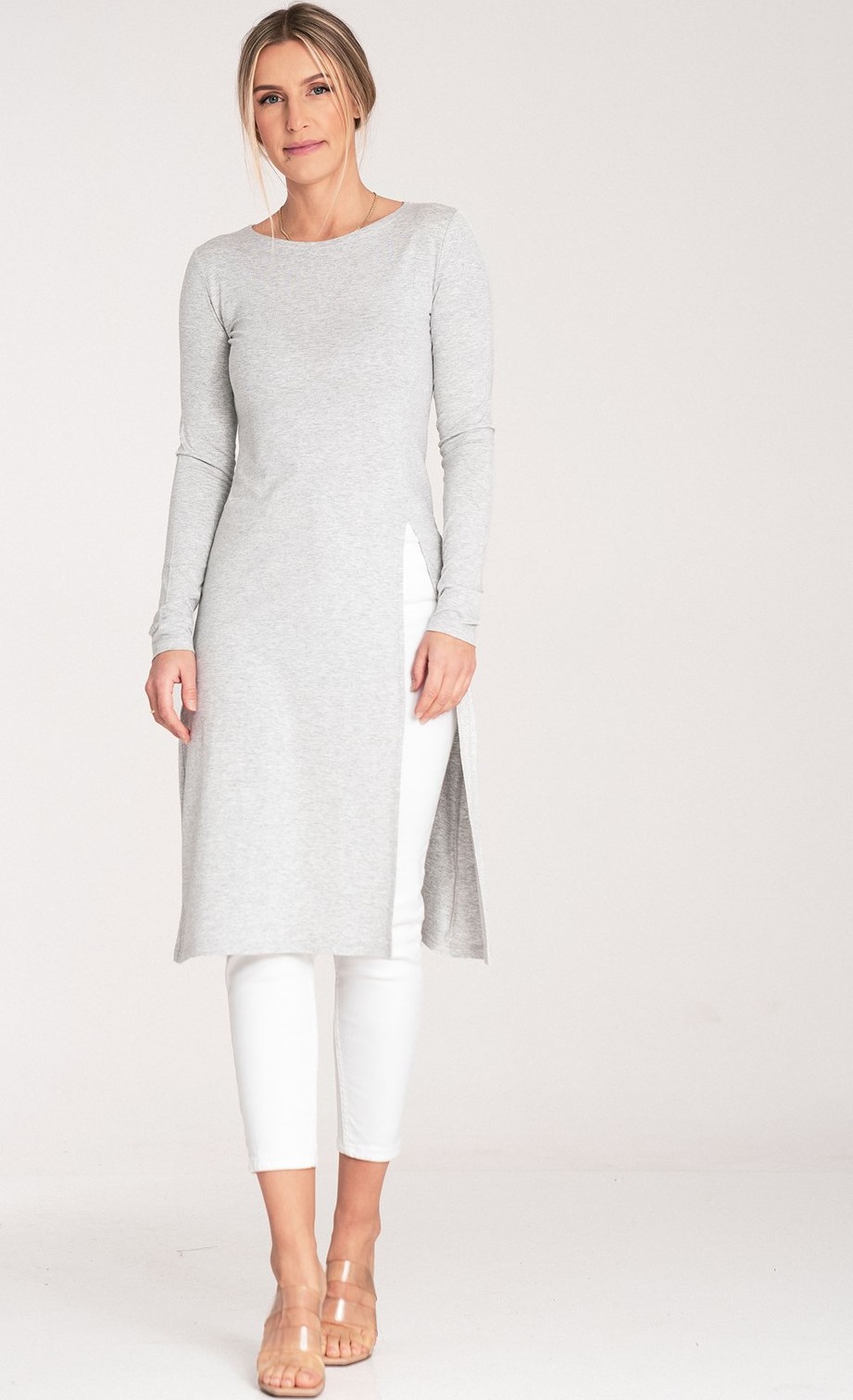 Sivá dlhá dámska blúzka s rozparkom M1075 Grey Veľkosť: L