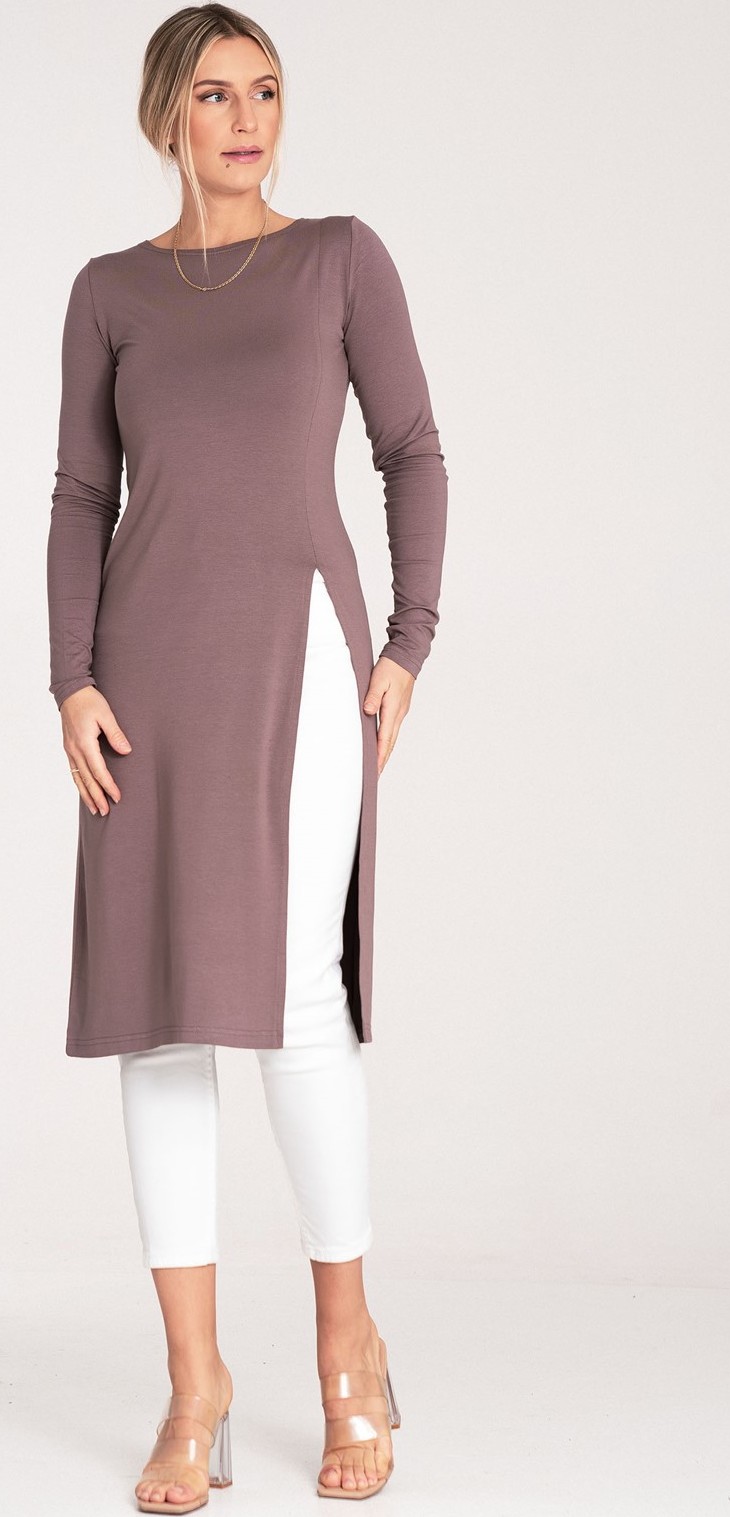 Hnedá dlhá dámska blúzka s rozparkom M1075 Brown Veľkosť: S