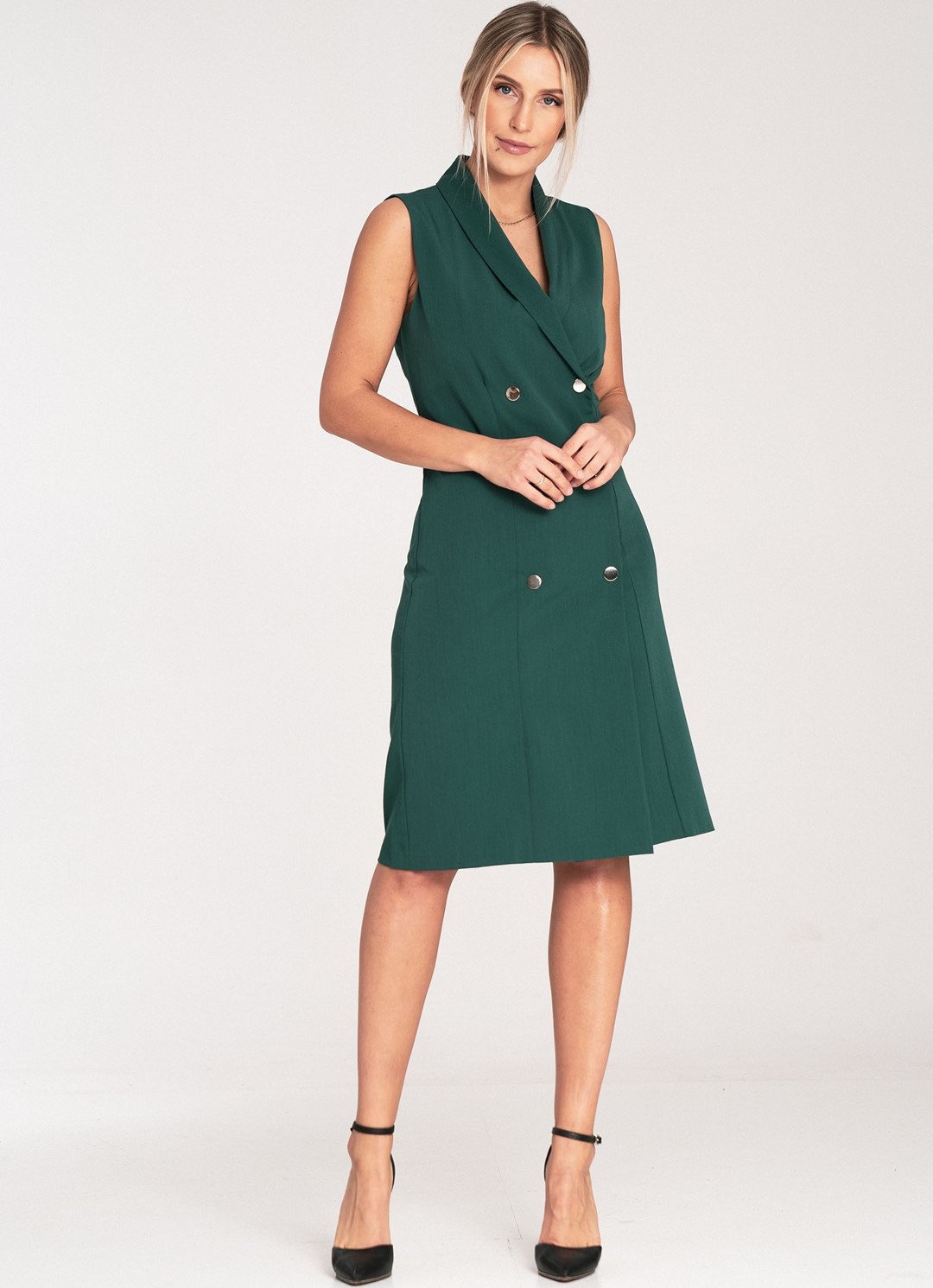 Tmavozelené elegantné midi šaty bez rukávov M1067 Green Veľkosť: S
