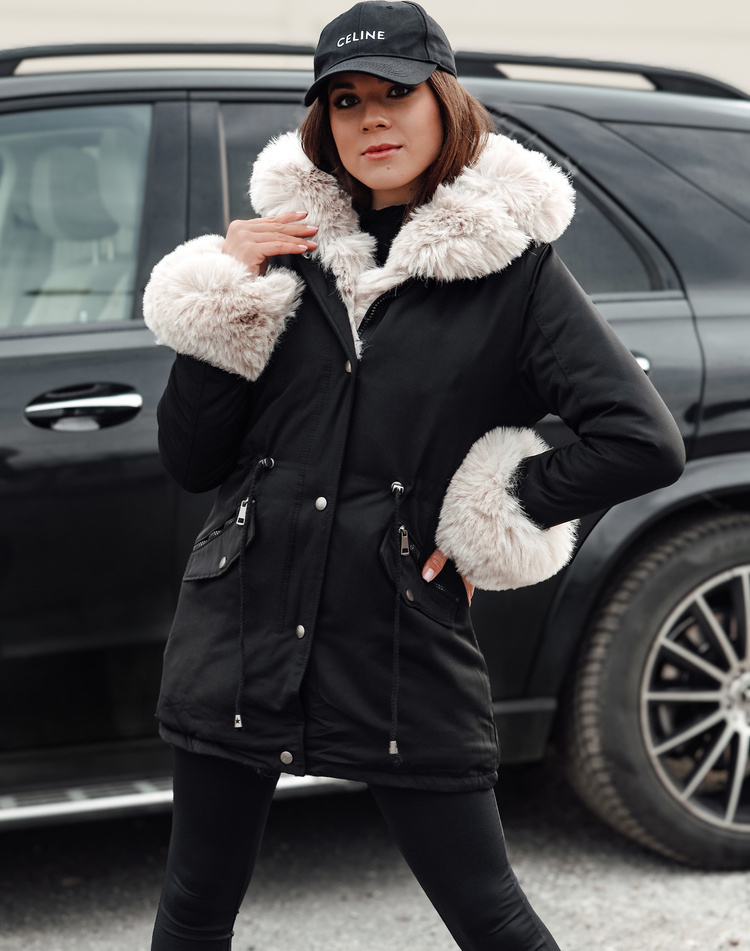 Čierna dámska parka so smotanovým kožúškom HARMFUR TY4771 Veľkosť: S