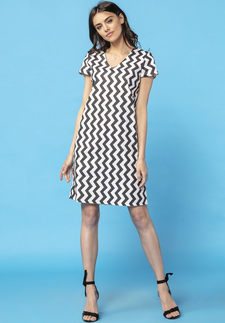 Čierno-biele dámske jednoduché šaty mama a dcéra s geometrickým vzorom MMM34 - black zigzag Rozmiar: XL