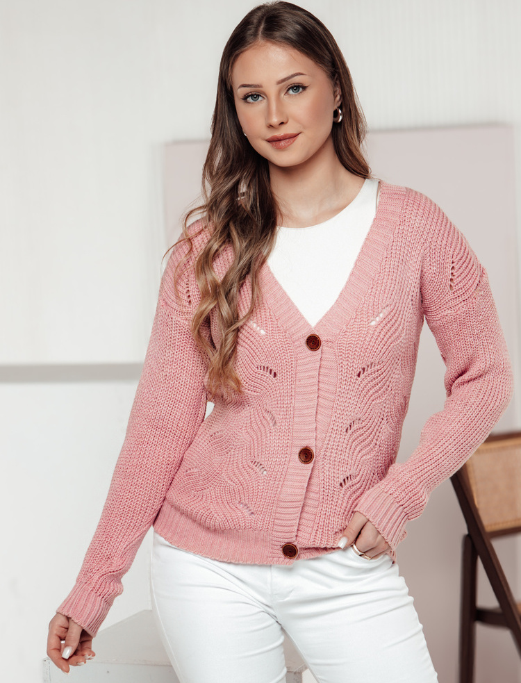 Svetloružový dámsky sveter na gombíky KNITVIA MY2410 Veľkosť: ONE SIZE