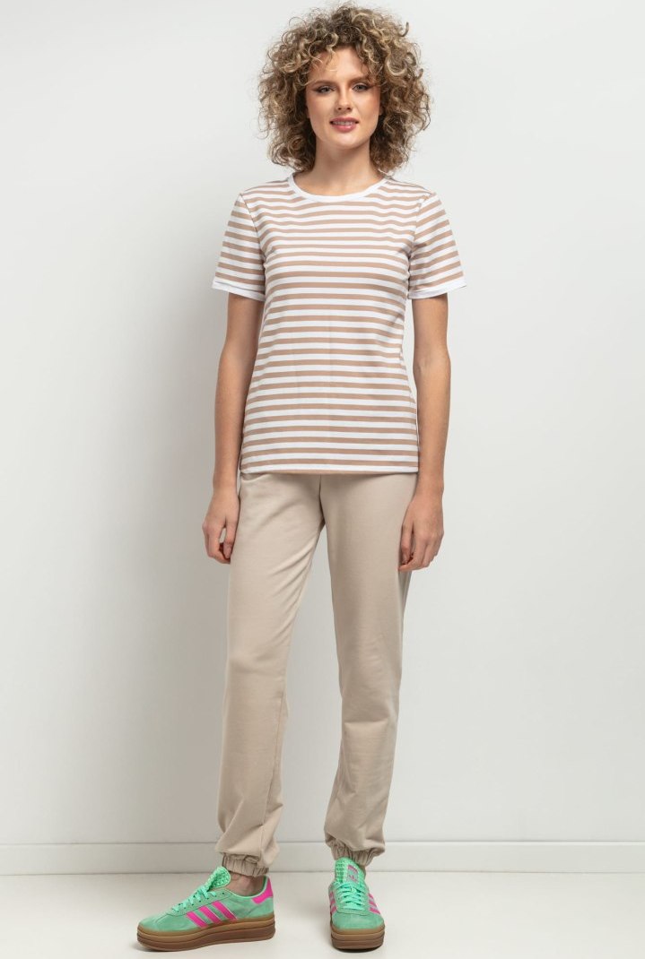 Dámske pruhované tričko s krátkym rukávom mama a dcéra bielo-béžové MMM42 - white-beige stripes Rozmiar: S