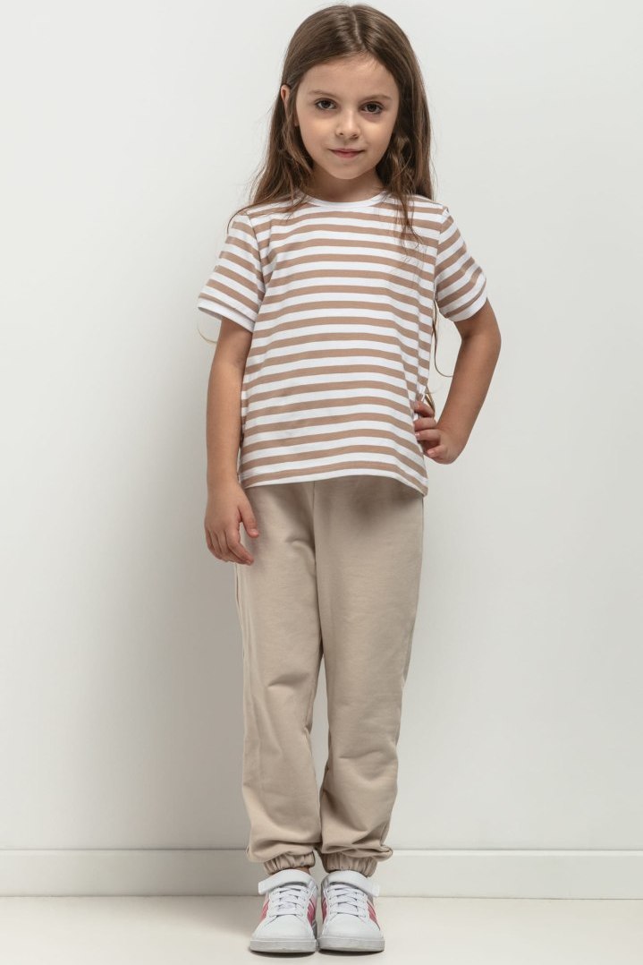 Dievčenské pruhované tričko s krátkym rukávom mama a dcéra bielo-béžové MMD42 - white-beige stripes Rozmiar: 98