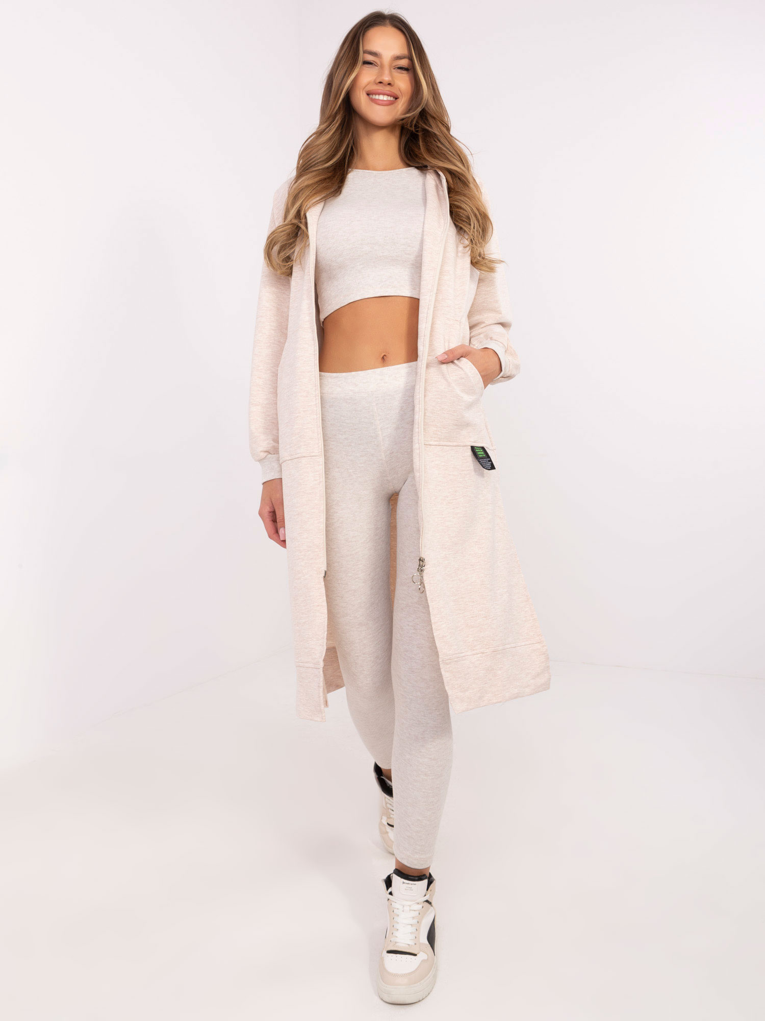 Béžová melanž dámska trojdielna súprava s mikinou na zips EM-KMPL-851.69P-light beige Veľkosť: ONE SIZE