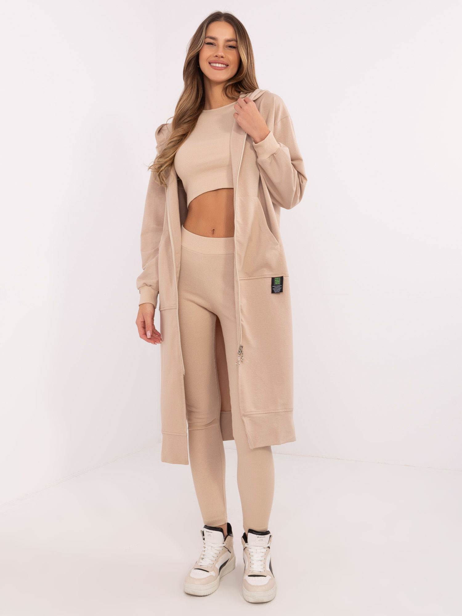 Béžová dámska trojdielna súprava s mikinou na zips EM-KMPL-851.86P-beige Veľkosť: ONE SIZE