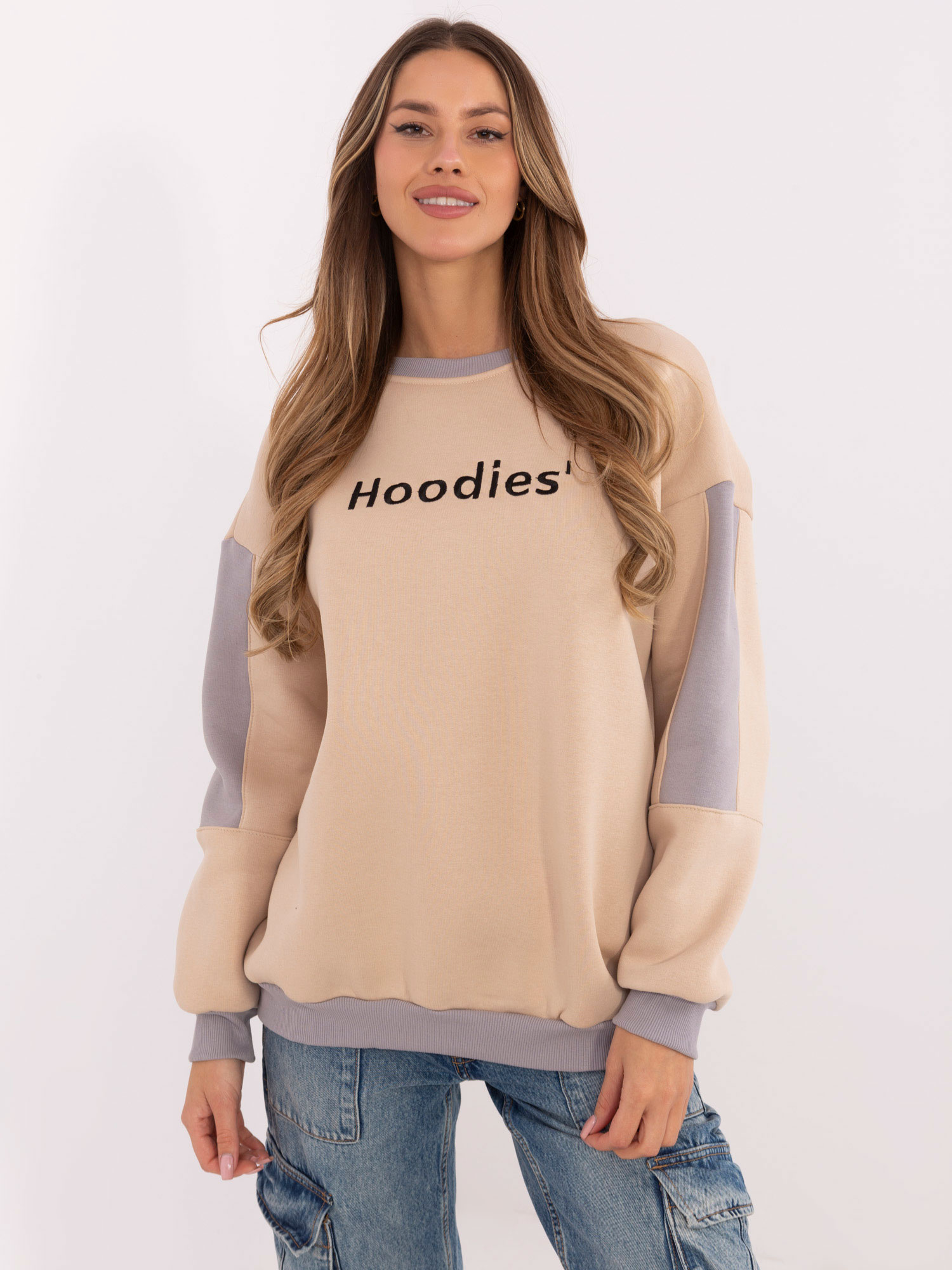Béžová dámska zateplená mikina s okrúhlym výstrihom EM-BL-983.10X-beige Veľkosť: ONE SIZE