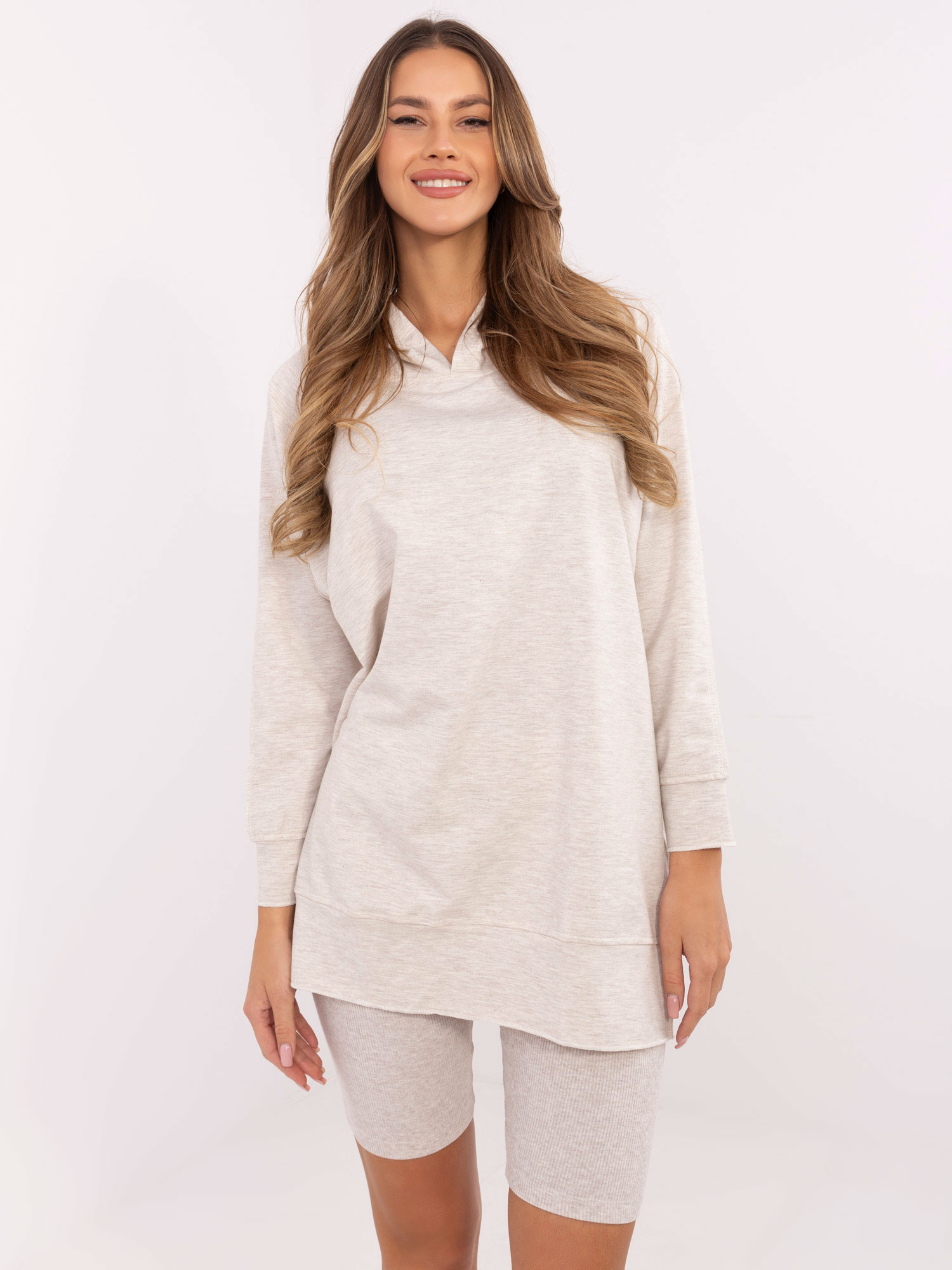 Béžový melanž dámsky športový set s dlhou mikinou EM-KMPL-829.70-light beige Veľkosť: ONE SIZE