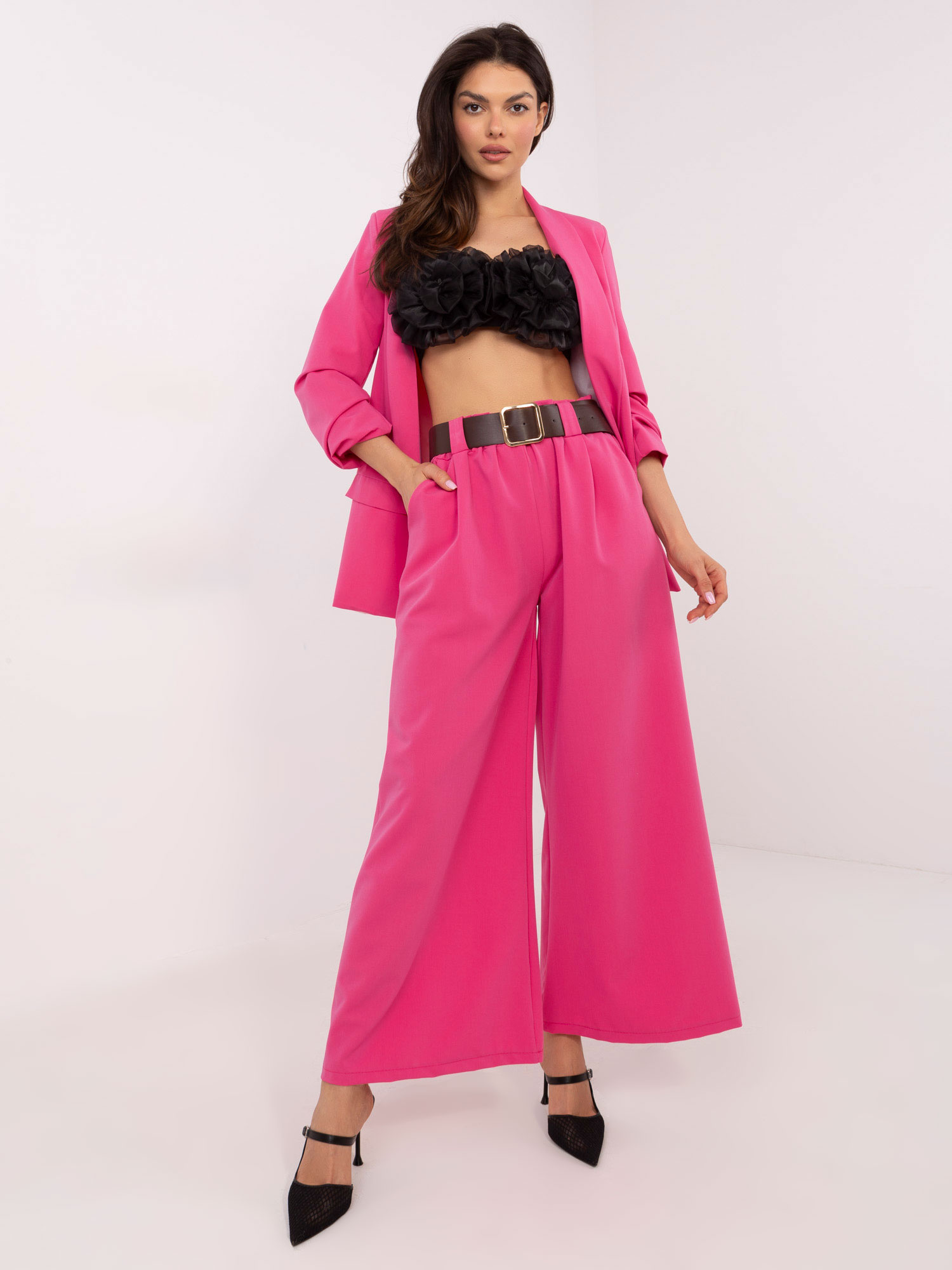 Tmavoružové dámske nohavice s hnedým opaskom DHJ-SP-5583-1.83-dark pink Veľkosť: ONE SIZE