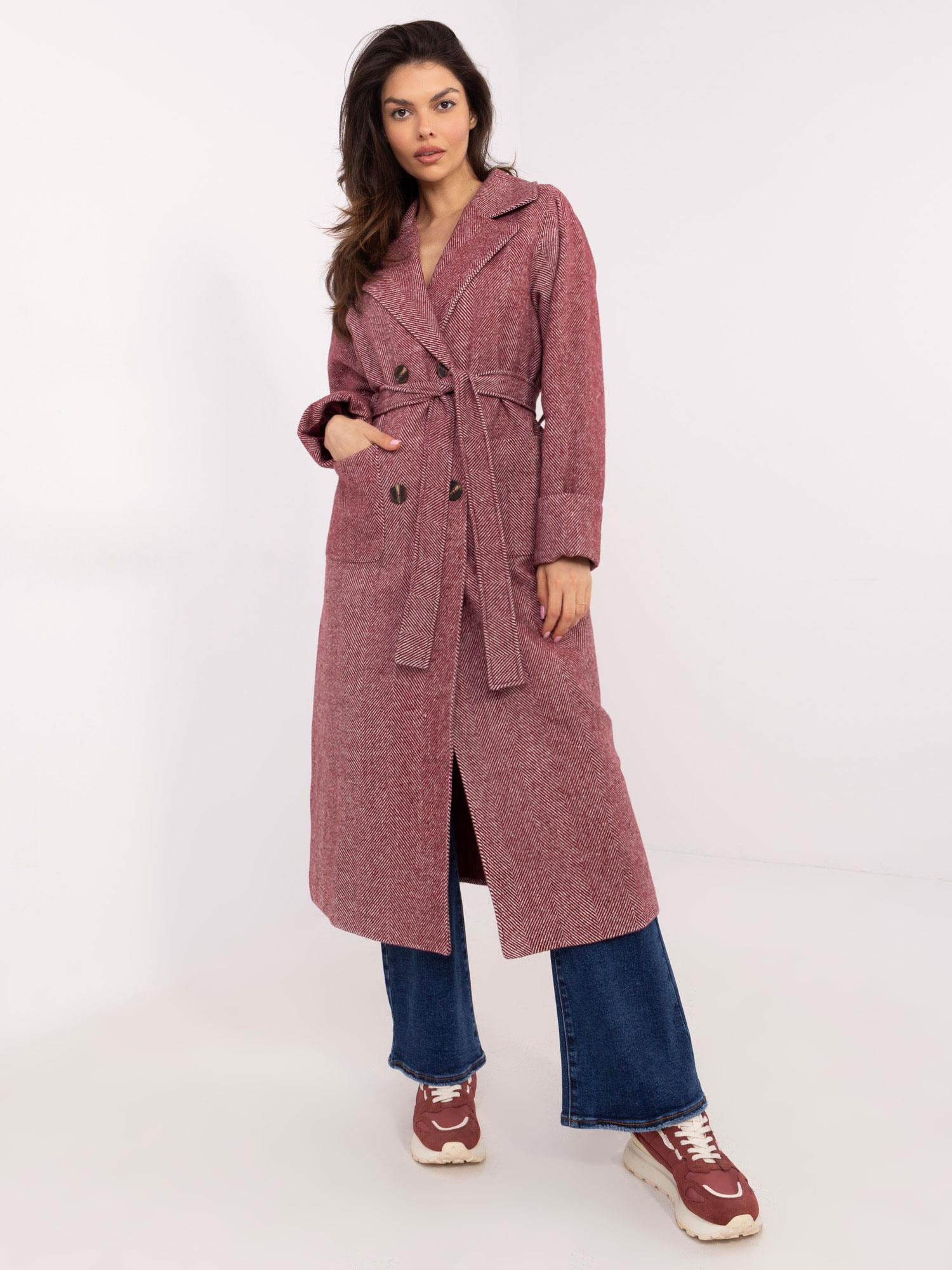 Vínový dámsky dlhý vlnený kabát LK-PL-509835.19-bordo Veľkosť: L/XL