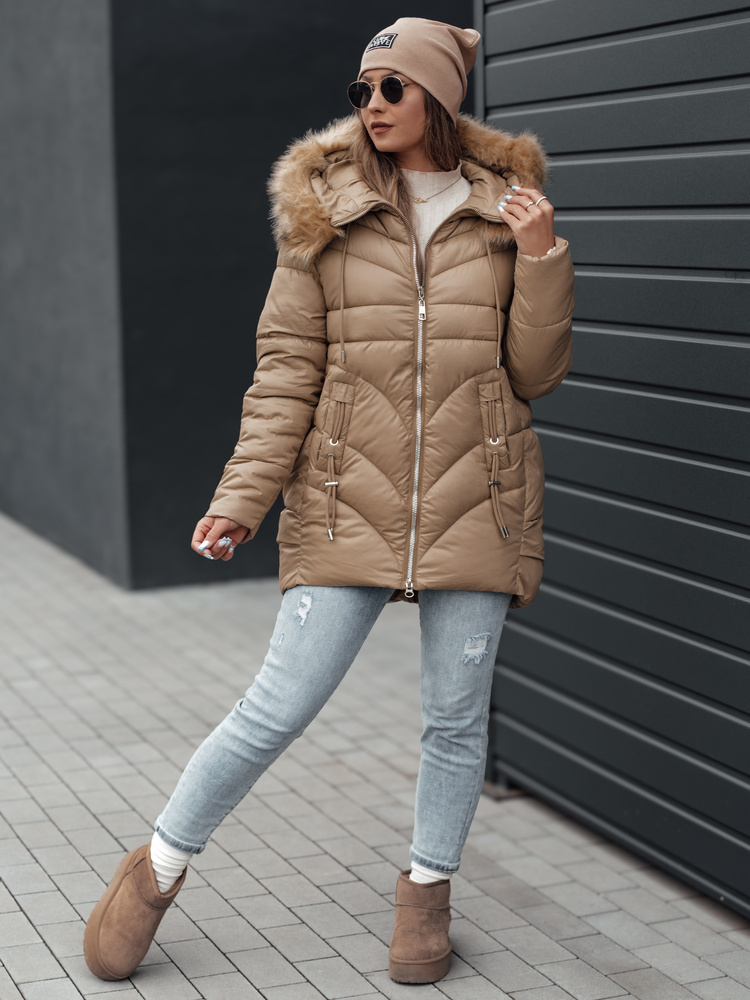 Béžová dámska prešívaná zimná bunda s kapucňou MELOMA TY4712 Veľkosť: L