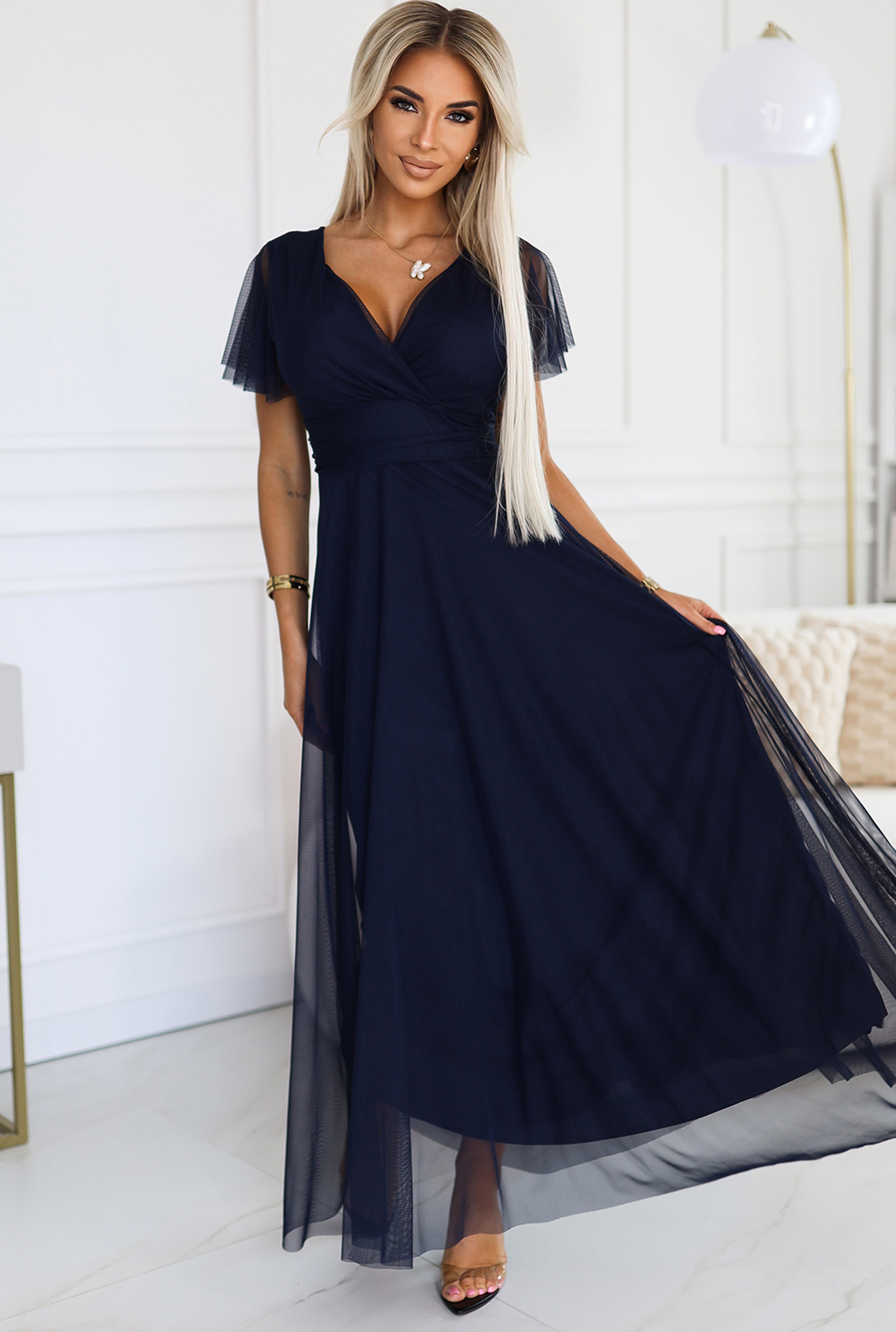 Tmavomodré dlhé šaty NASTIA 562-1 Veľkosť: ONE SIZE