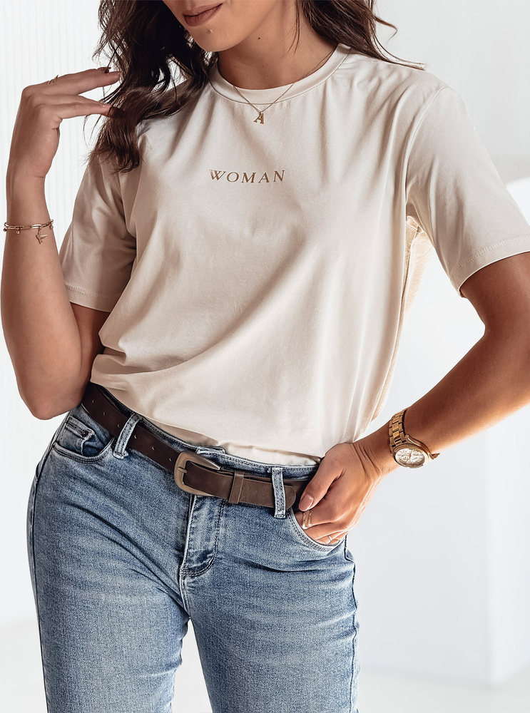 Dámske béžové basic tričko s nápisom WOMAN RY2552 Veľkosť: S