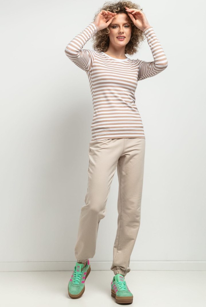 Dámske pruhované bielo-béžové tričko s dlhým rukávom mama a dcéra MMM44 - white-beige stripes Rozmiar: S