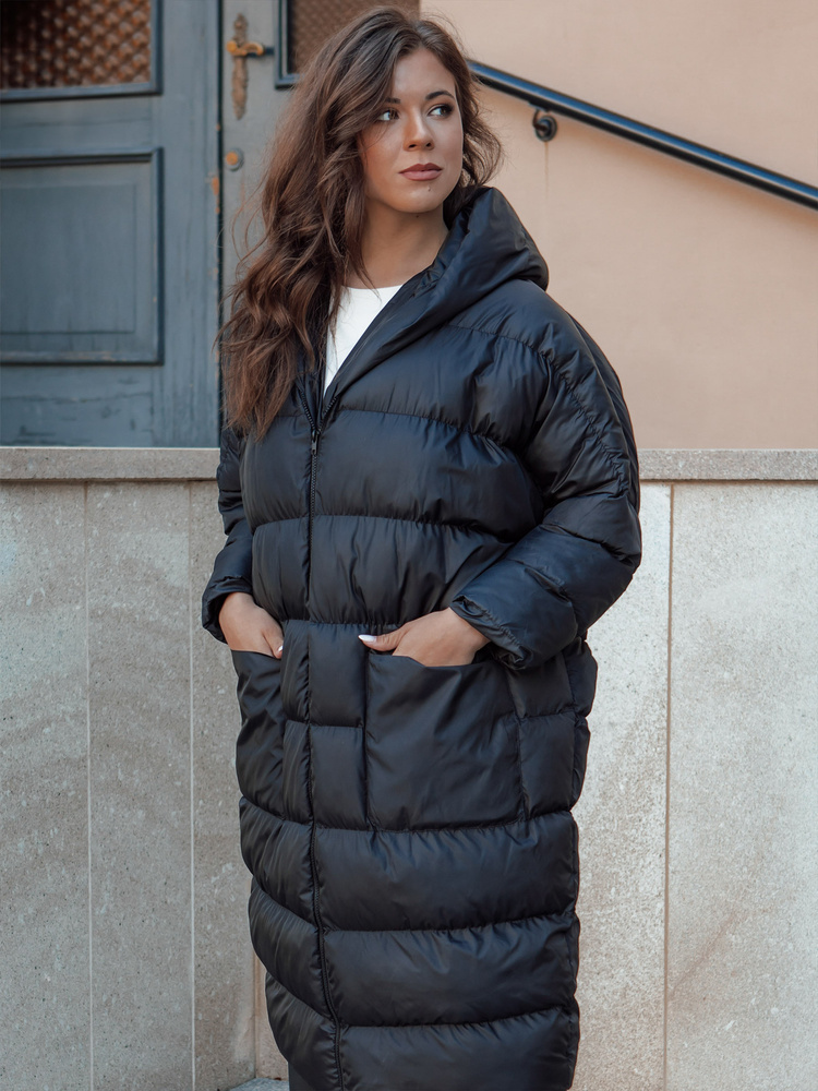Čierny prešívaný dlhý kabát ANNIKA TY4541 Veľkosť: ONE SIZE