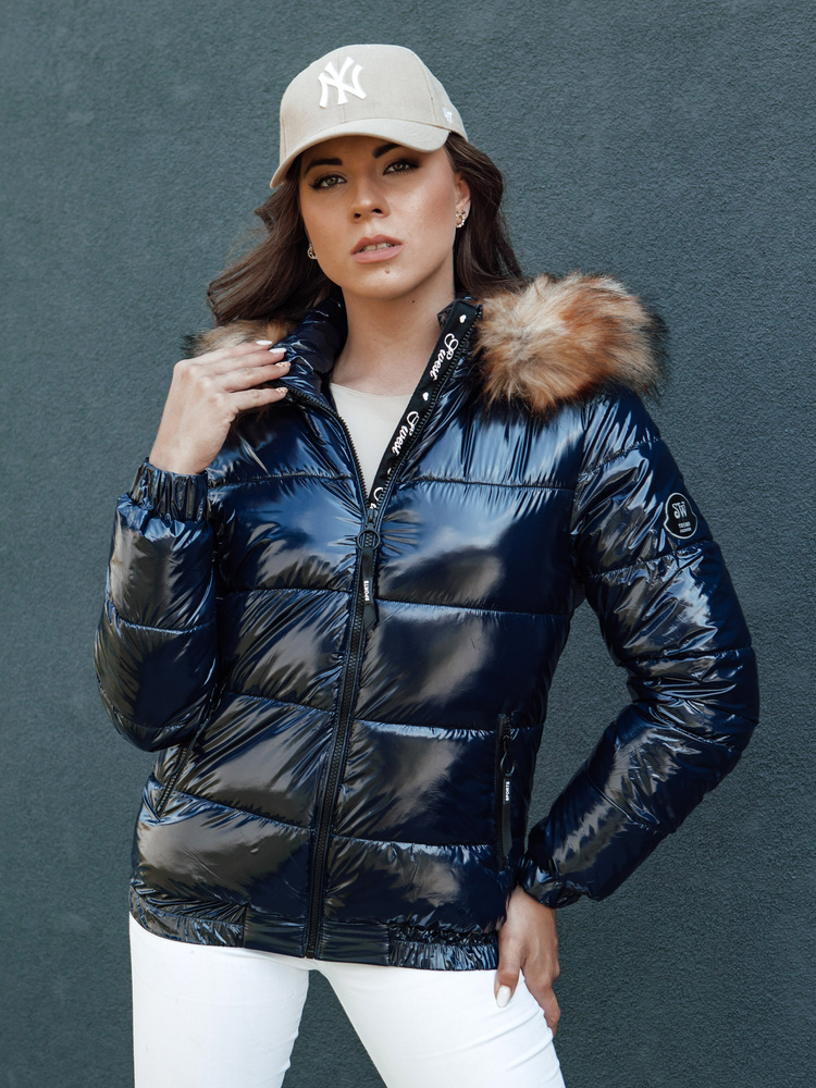 Tmavomodrá dámska lesklá bunda s kožúškom MELANI TY4487 Veľkosť: 2XL