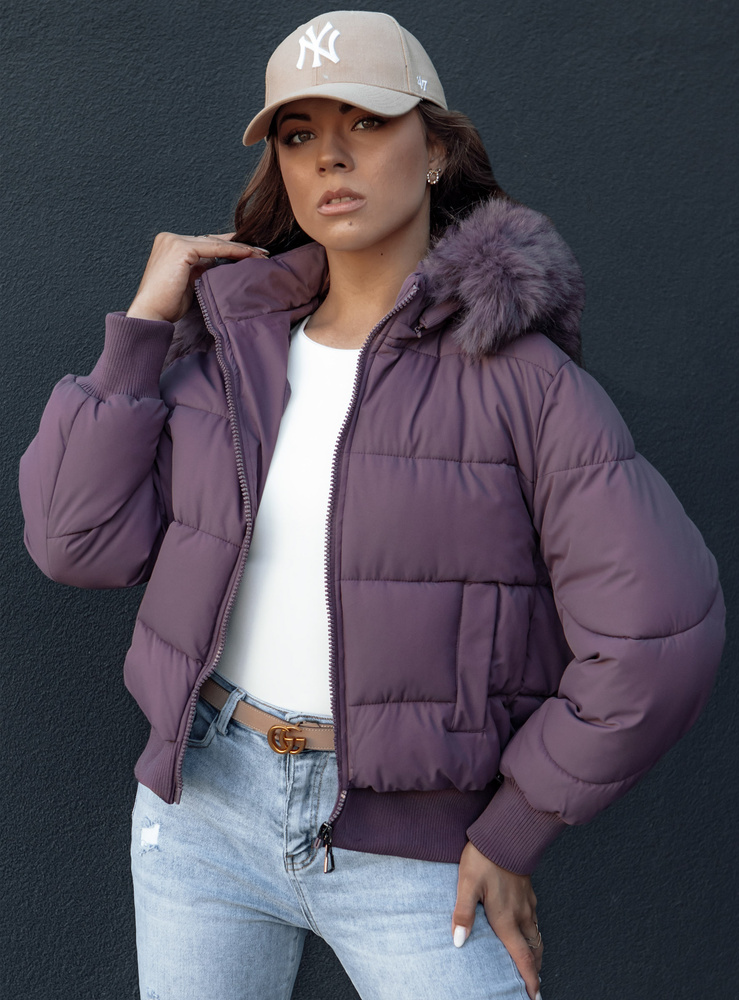 Fialová dámska zimná prešívaná bunda s kožúškom na kapucni COLDPACK TY4431 Veľkosť: 2XL