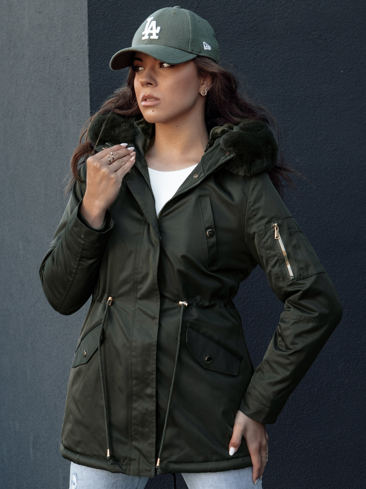 Tmavozelená parka s kožušinovou kapucňou ERISS TY4534 Veľkosť: 2XL