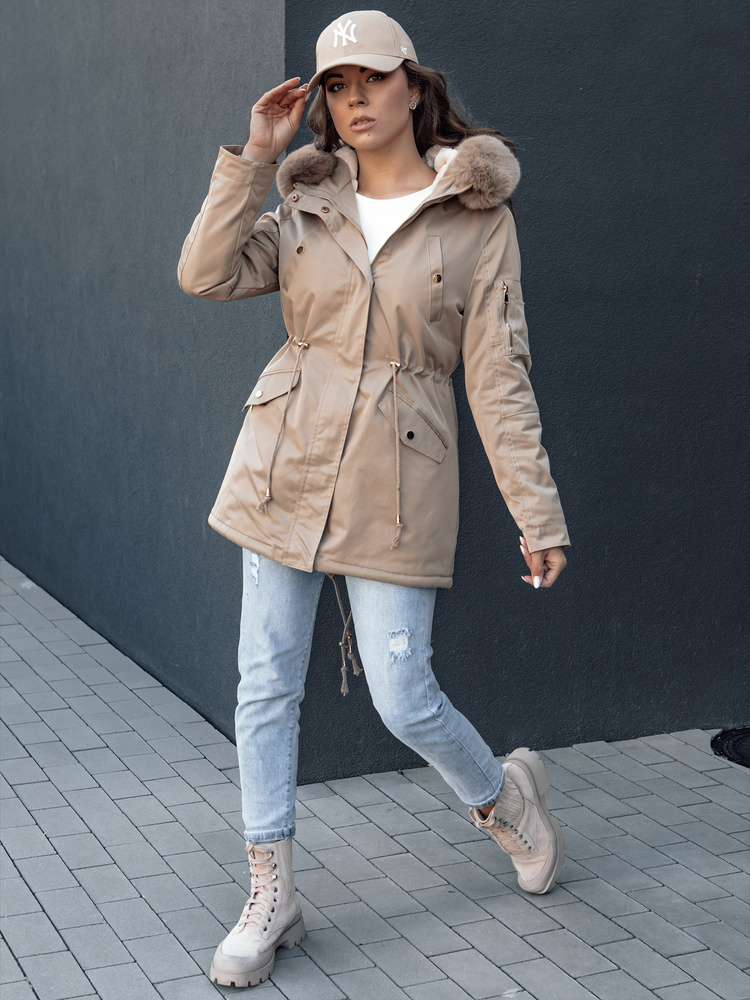 Béžová parka s kožušinovou kapucňou ERISS TY4532 Veľkosť: 2XL