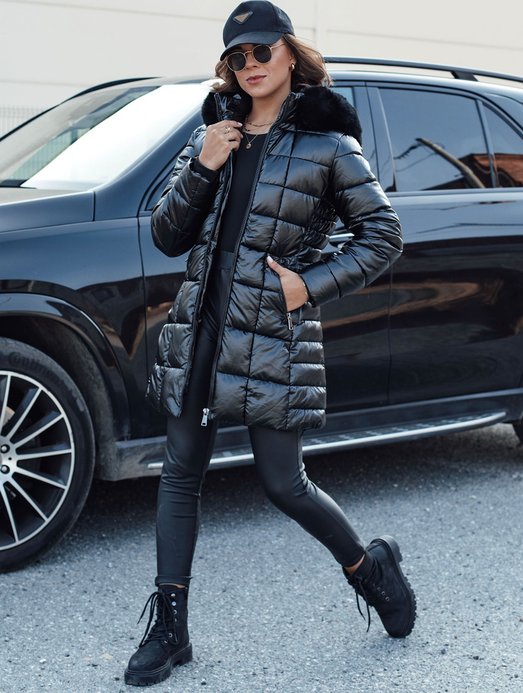 Čierna dámska zimná prešívaná bunda s čiernou kožušinou WINTERZIP TY4565 Veľkosť: S