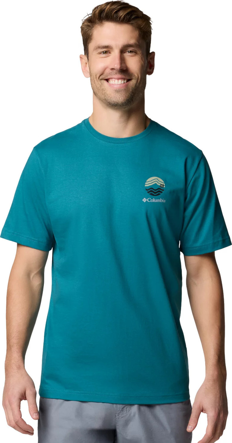 Tyrkysové pánske tričko s potlačou na chrbte Columbia Kettle River Outdoor Tee 2120411364 Veľkosť: L