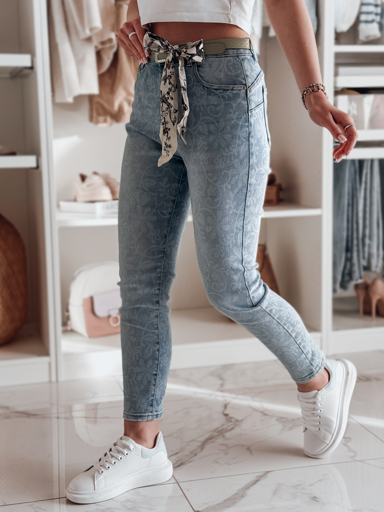 Dámske svetlomodré skinny džínsy s vysokým pásom a jemným kvetinovým vzorom FLORENCIO UY2457 Veľkosť: S