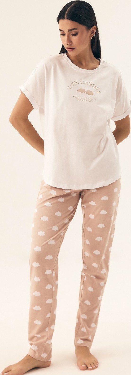 Smotanovo-béžová dámske pyžamo so vzorovanými nohavicami Henderson Ladies 42646 Nubes kr/r S-2XL Veľkosť: M, Barva: krémová