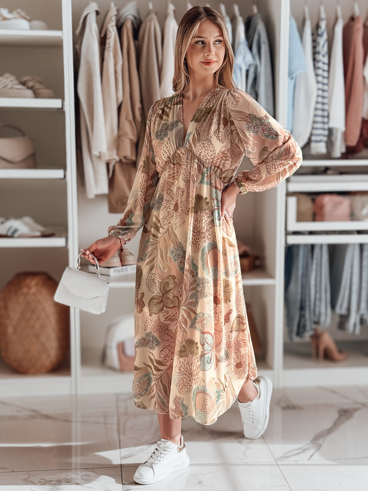 Béžové dámske kvetované ľahké midi šaty LILOVIE EY2573 Veľkosť: ONE SIZE