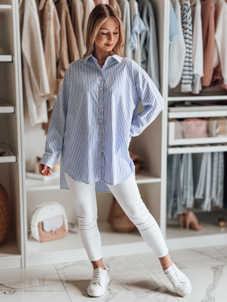 Bielo-modrá dámska dlhá oversize košeľa s kamienkami BLUSENA DY0456 Veľkosť: ONE SIZE