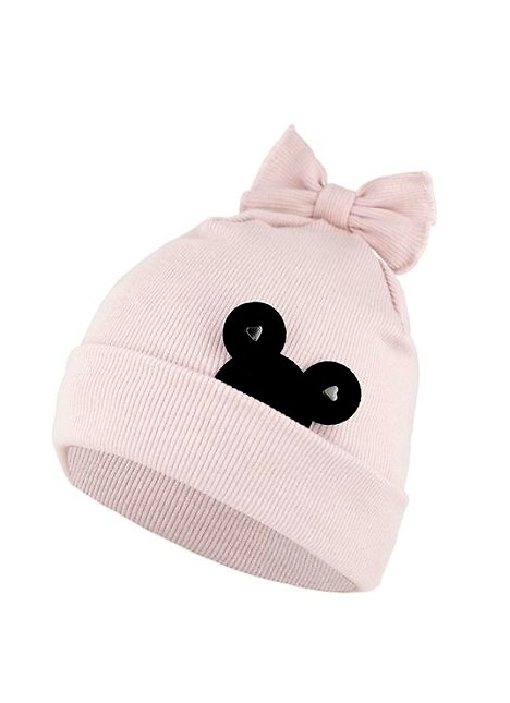 Detská čiapka s nášivkou a mašľou AJS 50-025 dziecięca Veľkosť: 48-50 cm, Barva: světle pudrová