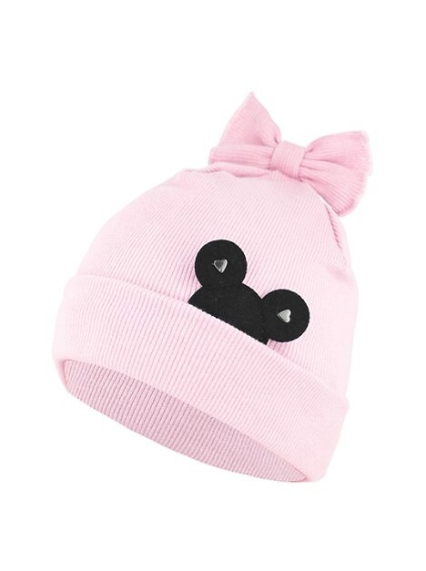 Detská čiapka s nášivkou a mašľou AJS 50-025 dziecięca Veľkosť: 48-50 cm, Barva: svetloružová