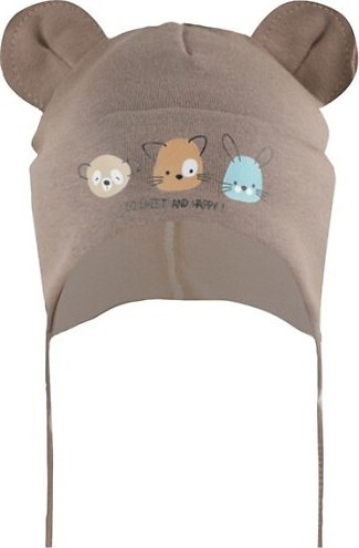 Detská čiapka s ušami a potlačou AJS 50-014 dziecięca Veľkosť: 44-46 cm, Barva: hnedá