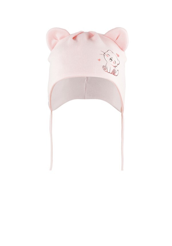 Detská jarná čiapka s uškami a potlačou mačky AJS 50-009 dziecięca Veľkosť: 40-42 cm, Barva: svetloružová