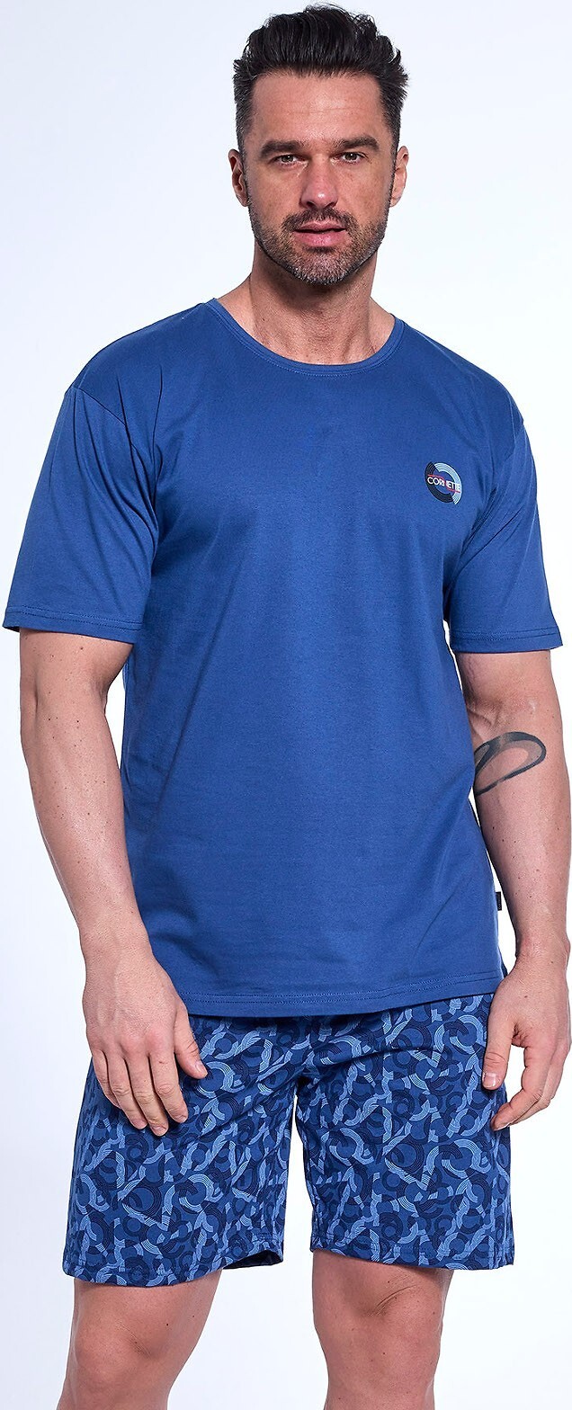 Modré pánske bavlnené pyžamo so vzorovanými kraťasmi Cornette 326/176 Emblern kr/r S-2XL meska Veľkosť: XXL, Barva: Modrá