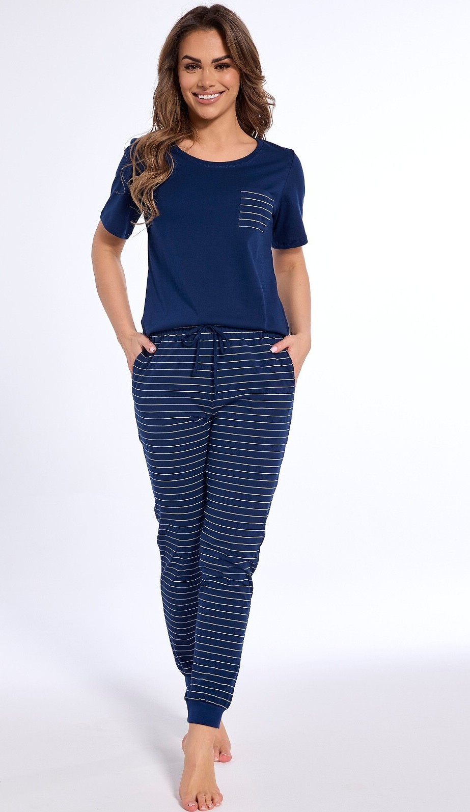 Tmavomodré dámske dlhé pyžamo s pruhovanými nohavicami Cornette 730/317 Jenny kr/r S-2XL damska Veľkosť: XL, Barva: tmavomodrá