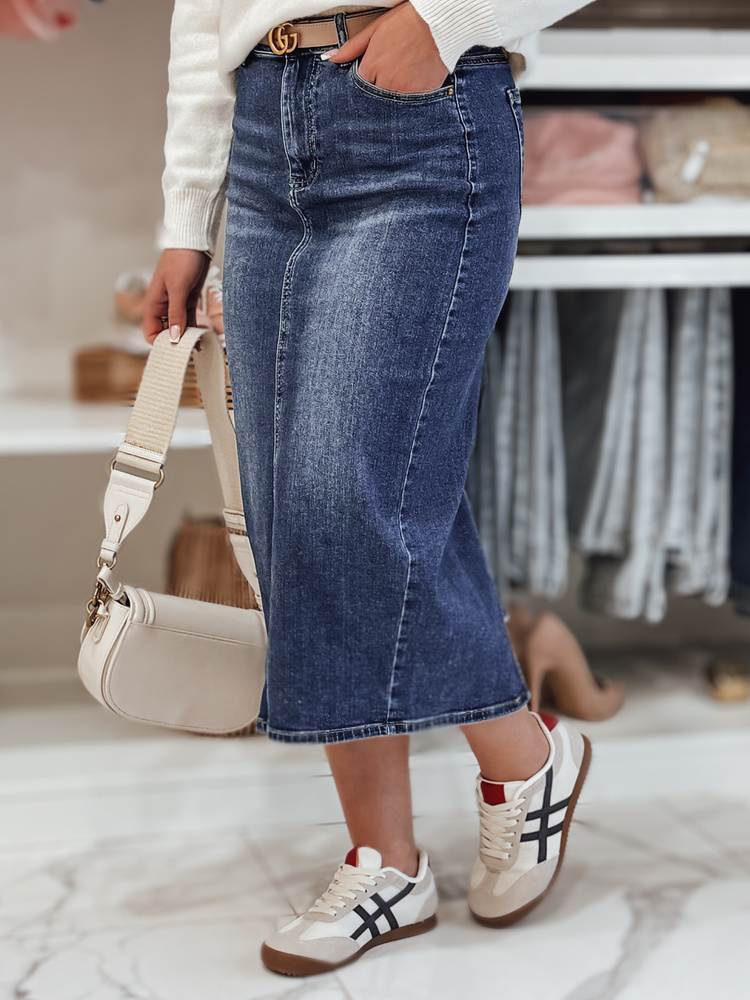 Tmavomodrá džínsová midi sukňa s rozparkom MERITTA CY0482 Veľkosť: L