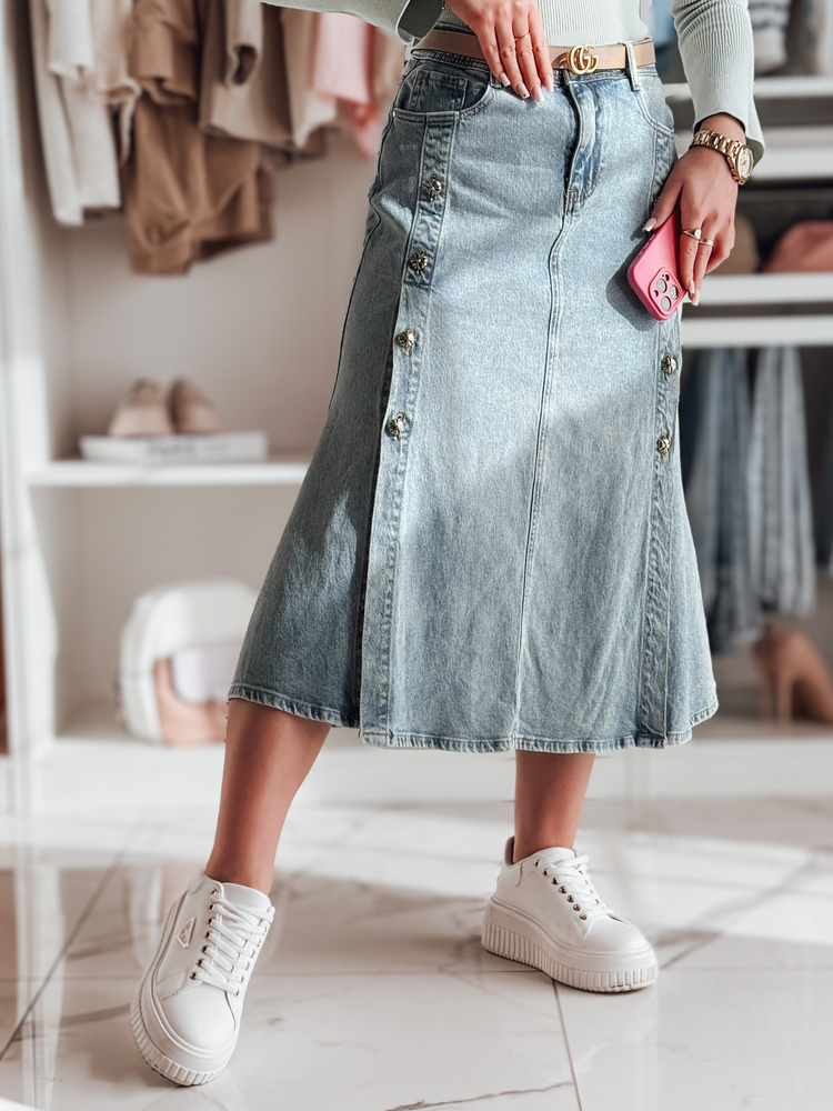 Dámska džínsová midi sukňa s gombíkmi na bokoch DEMILOVO CY0487 Veľkosť: S