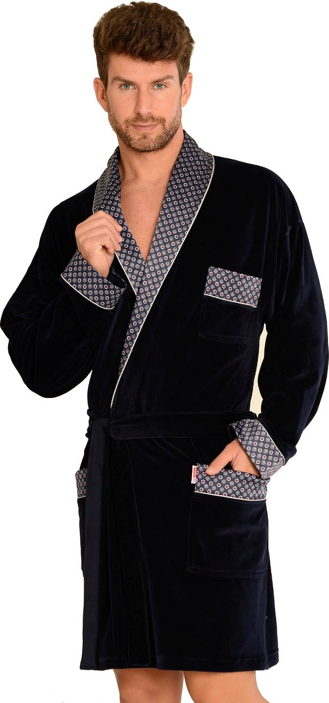 Pánsky krátky zamatový župan De Lafense Bonjour 772 Bonjour krótki M-2XL meski Veľkosť: M, Barva: tmavomodrá