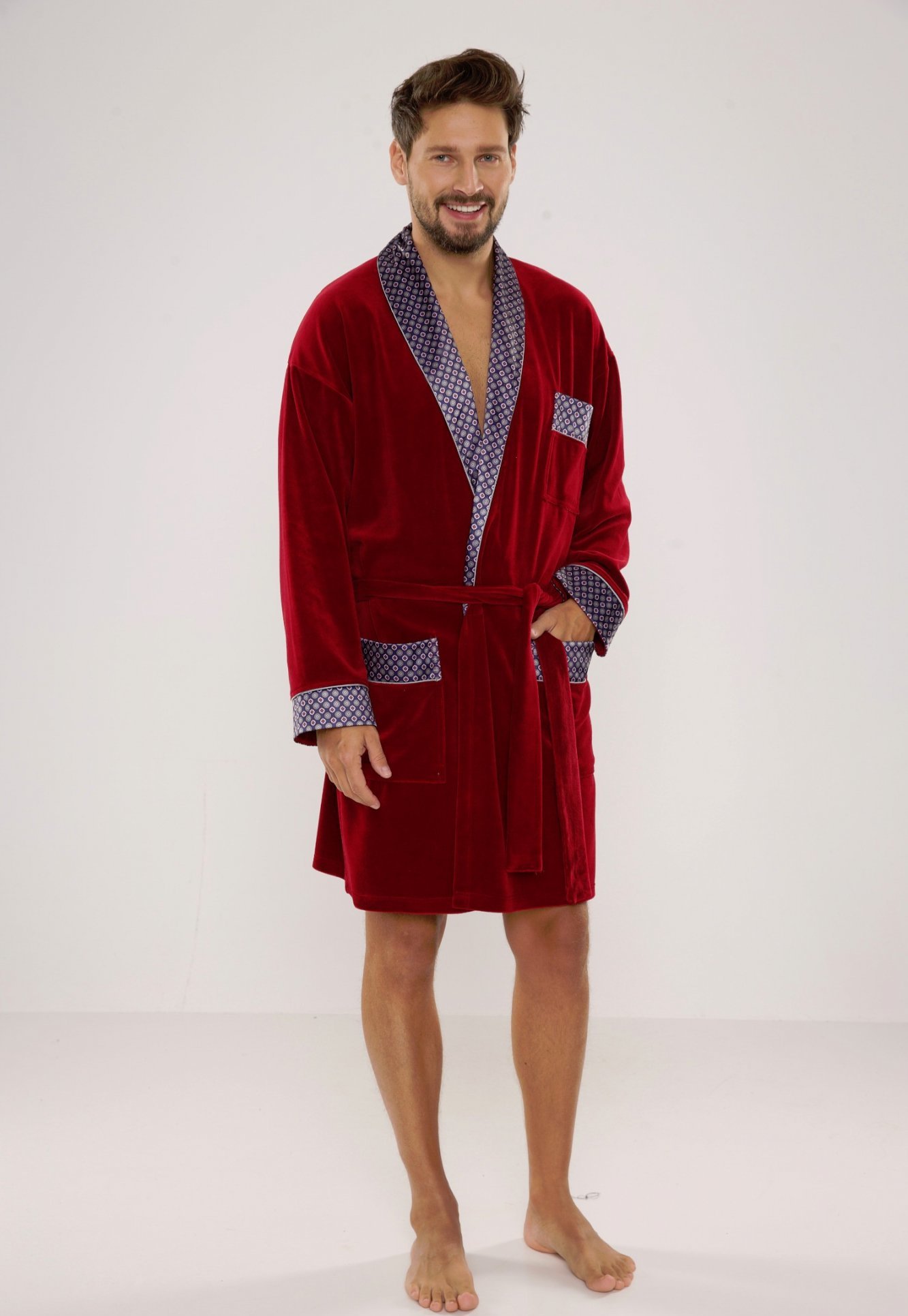 Pánsky krátky zamatový župan De Lafense Bonjour 772 Bonjour krótki M-2XL meski Veľkosť: M, Barva: Vínová