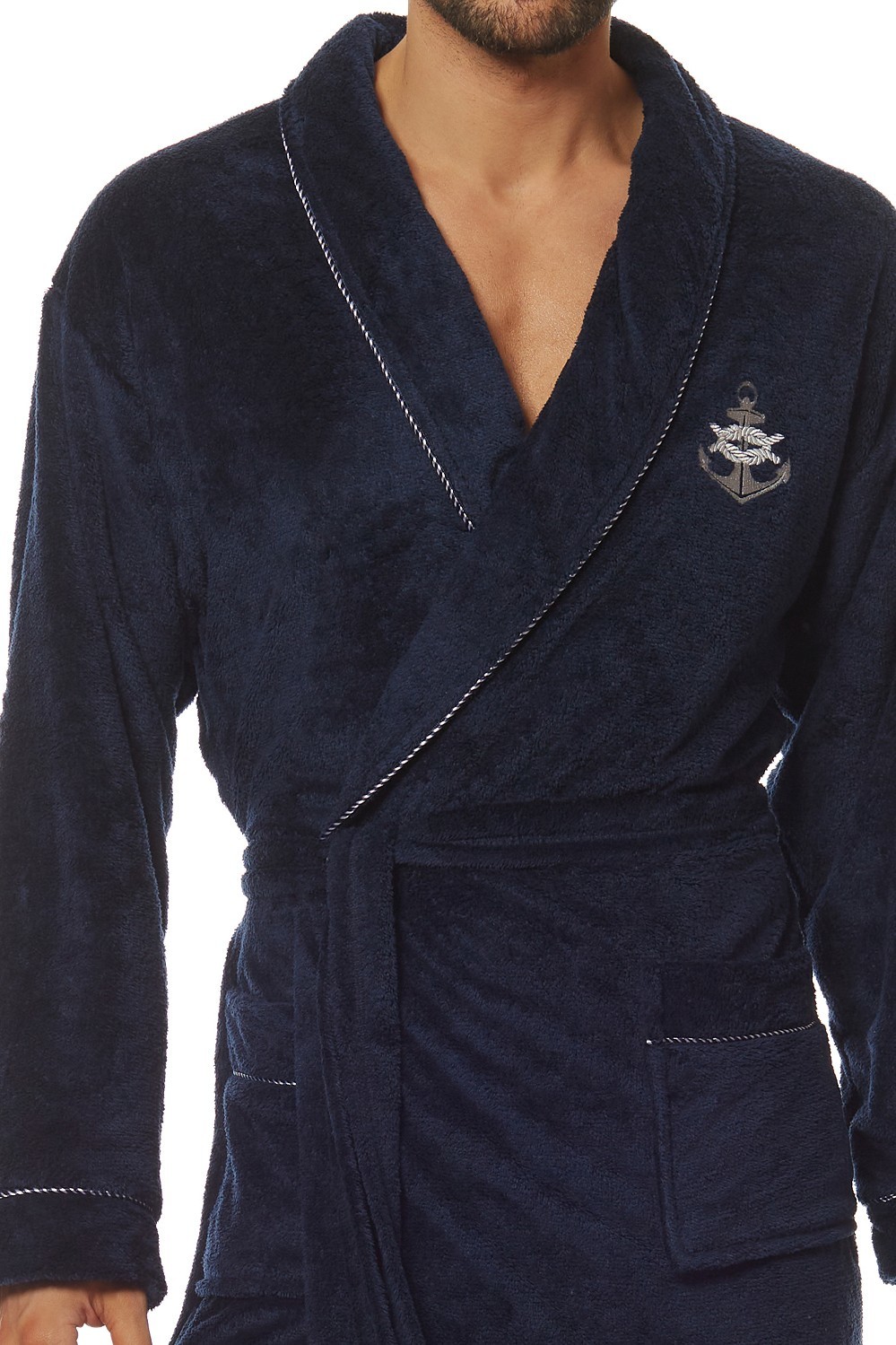 Pánsky dlhý župan s lemovaním L&L Marine 2114 M-2XL meski Veľkosť: XL, Barva: tmavomodrá