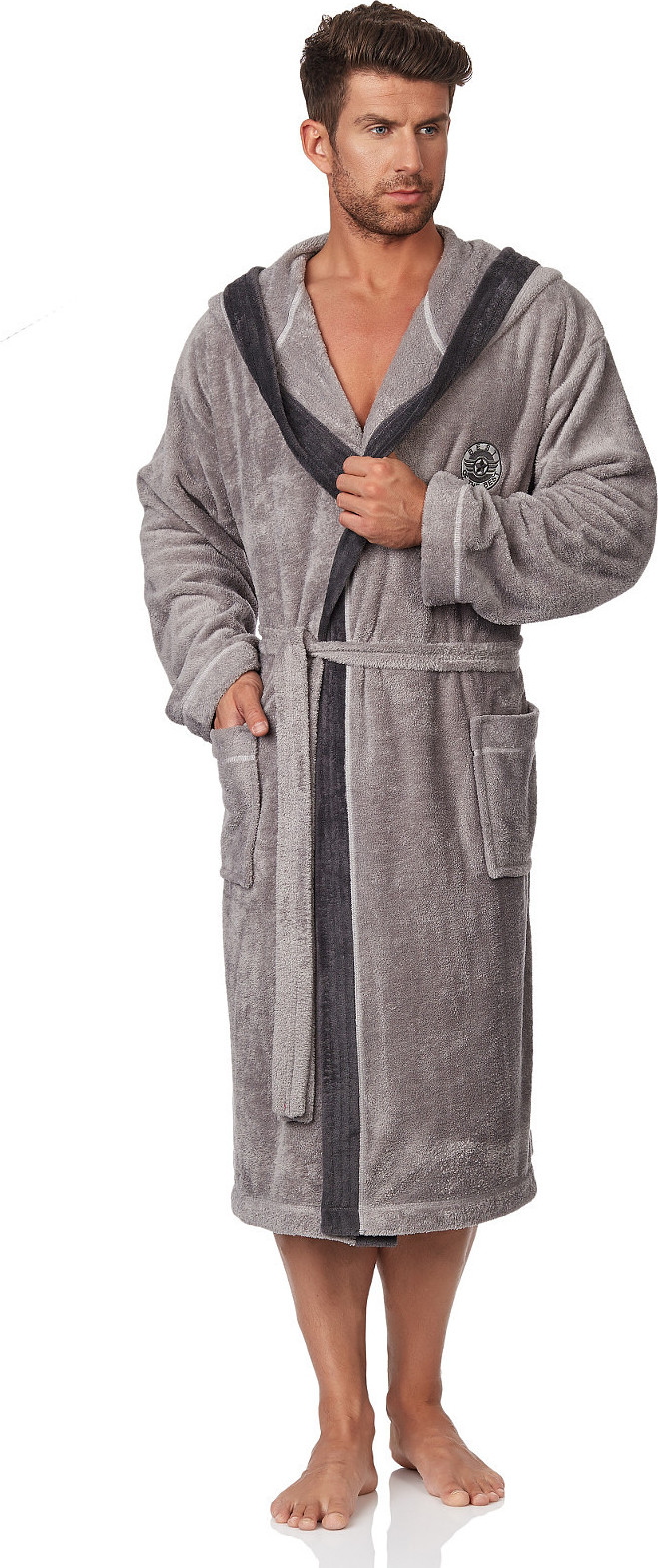 Dlhý pánsky dlhý župan s kapucňou L&L George M-2XL meski Veľkosť: M, Barva: sivá