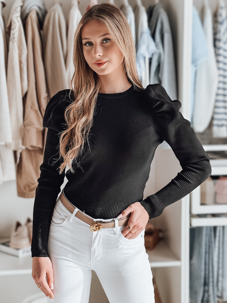 Elegantný čierny dámsky sveter s naberanými ramenami ELENORI MY2465 Veľkosť: ONE SIZE