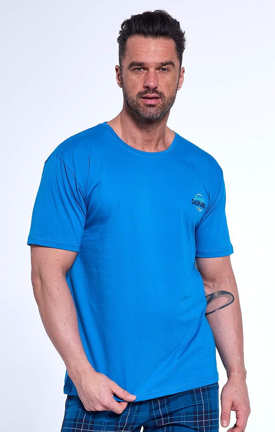 Modré pánske bavlnené pyžamo s károvanými kraťasmi Cornette 326/186 California kr/r S-2XL meska Veľkosť: S, Barva: Modrá