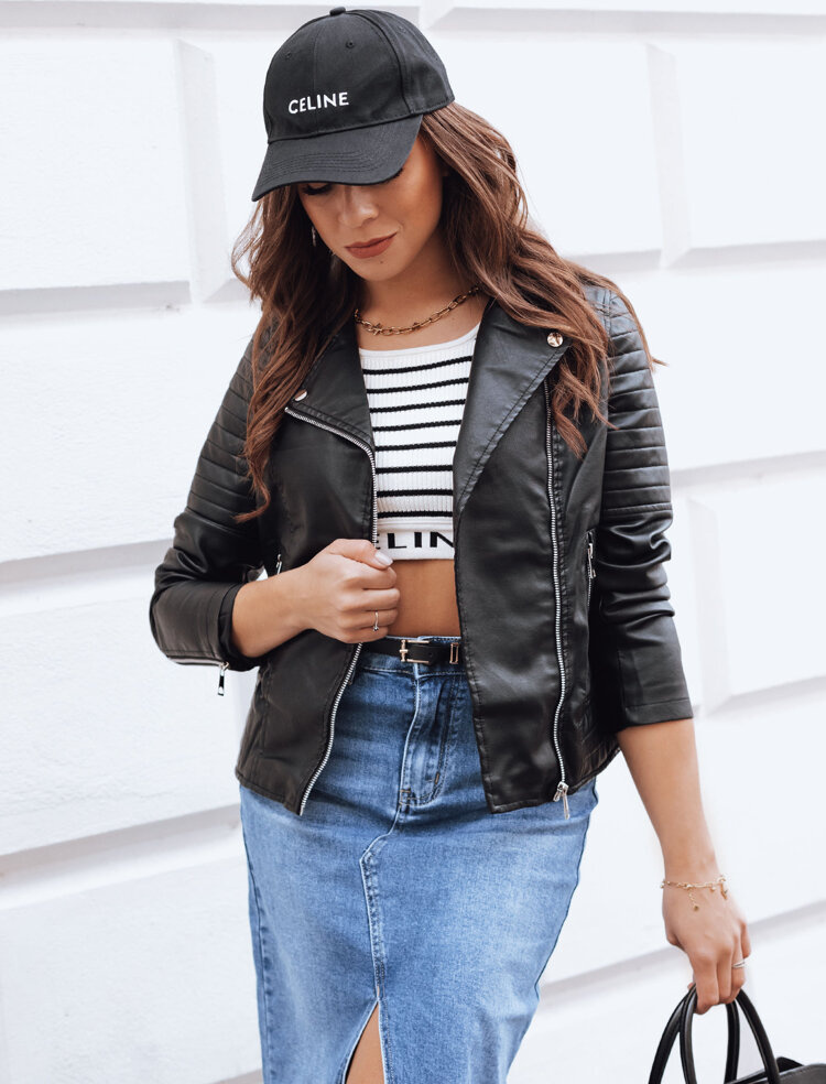 Dámska čierna koženková bunda s prešívaním na rukávoch GLIMMERS TY3959 Veľkosť: S